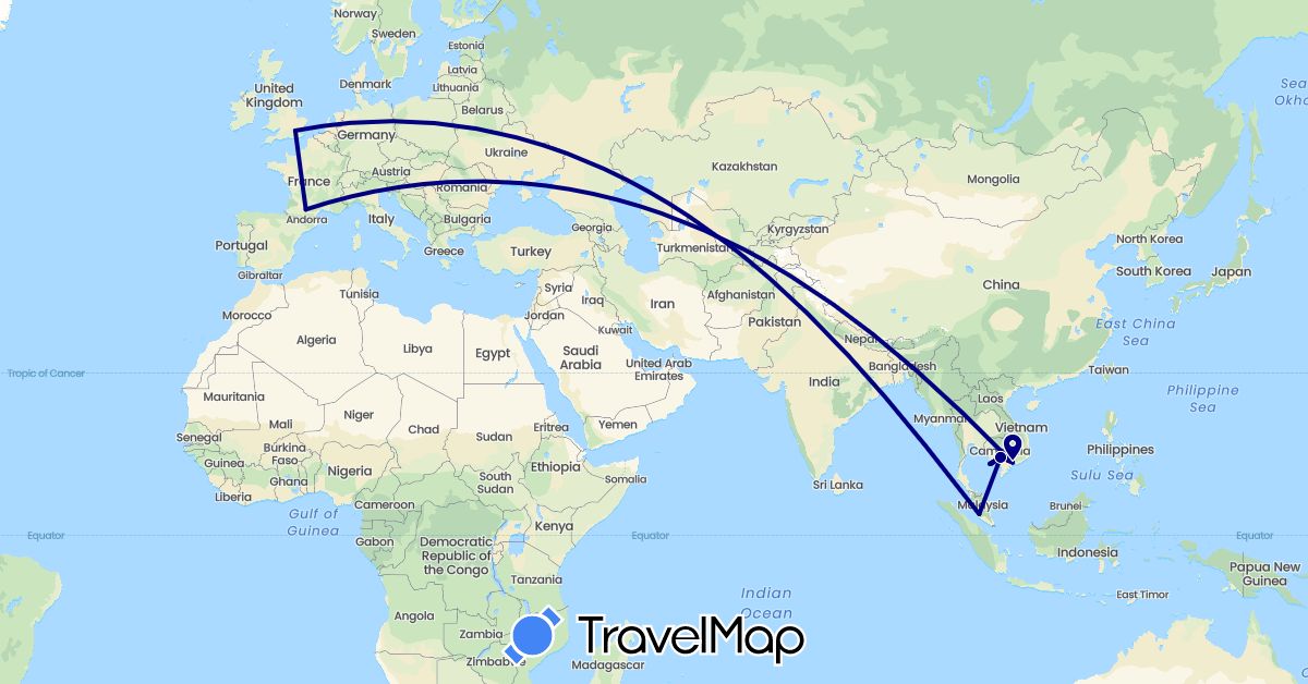 TravelMap itinerary: driving in France, United Kingdom, Cambodia, Malaysia, Vietnam (Asia, Europe)